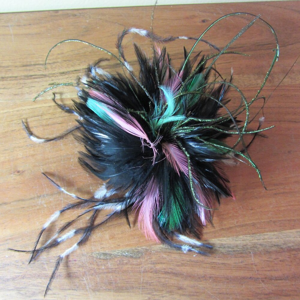 feather flower hair clip or brooch Fascinator hand made by ME! Black pink (445A)